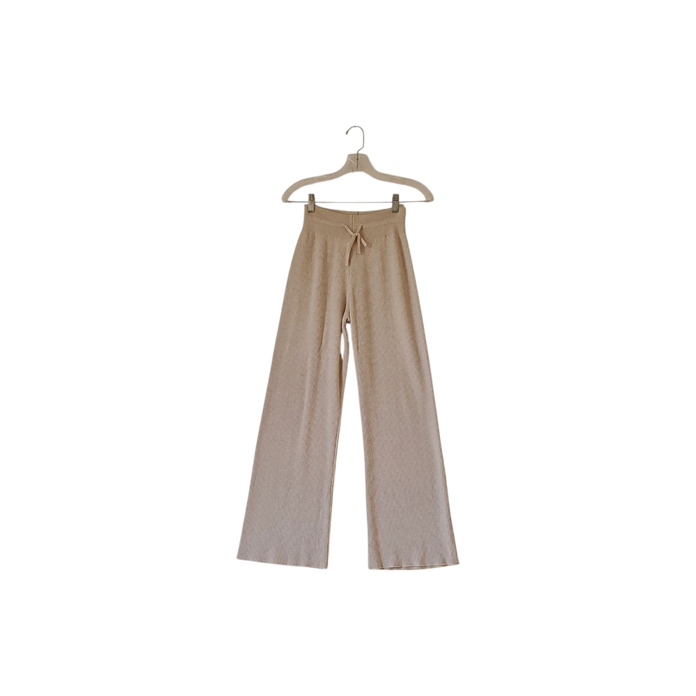 Women's Cream Ribbed Casual Wide Leg Pants Tie Elastic Waist Lounge Size‎ Small